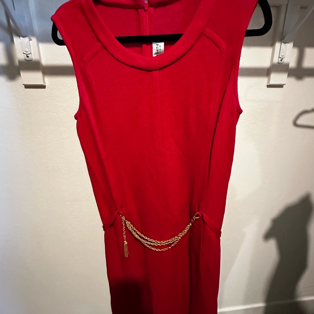 St. John Red Midi Dress with Gold Chain Detail